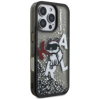 4. Karl Lagerfeld Liquid Glitter Choupette Logo Case for iPhone 16 Pro - Black