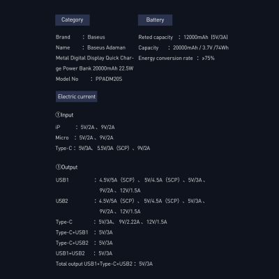 20. Baseus Adaman powerbank with fast charging 20000mAh 22.5W + USB-A - USB-C 3A cable 0.3m black