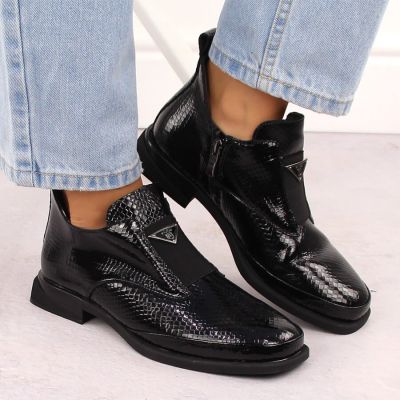 11. Women’s black crocodile-effect patent leather ankle boots with decorative detail, Filippo DBT6425