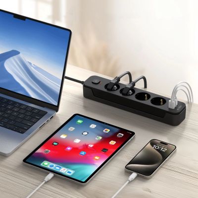 6. Tech-Protect PCL4X3 Power Strip 4 Sockets 240V + 2xUSB-A + 1xUSB-C 200 cm - Black