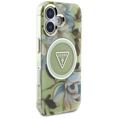4. Guess Glitter Flowers Triangle Buttons MagSafe case for iPhone 16 green