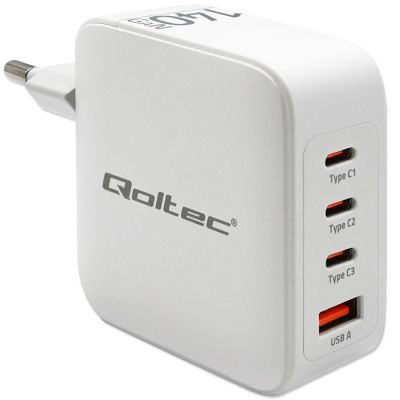 8. Qoltec 140W GaN Wall Charger | 5-20V | 2.5-5A | 3 x USB-C PD | 1 x USB QC 3.0 | White