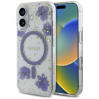 Guess Resin Flowers Glitter MagSafe case for iPhone 16 - purple
