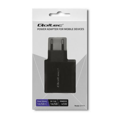 2. QOLTEC WALL CHARGER 42W | 5-20V | 2.25-3A | USB TYPE C PD | USB | BLACK
