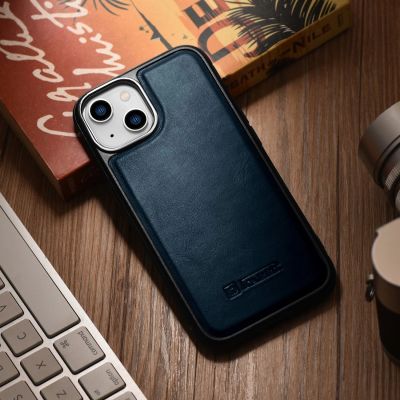 13. iCarer Leather Oil Wax case covered with natural leather for iPhone 14 Plus blue (WMI14220719-BU)