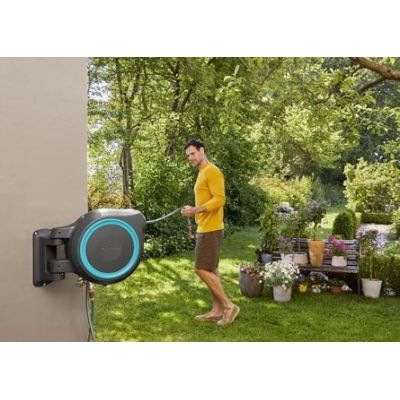 3. Gardena 18630-20 Garden Hose Reel Wall-Mounted Garden Hose Cart Automatic Black, Blue