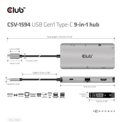 9. CLUB3D CSV-1594 USB 3.2 Gen 1 (3.1 Gen 1) Type-C Docking Station Black, Gray