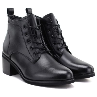 4. Women's leather lace-up high-heeled ankle boots, black, Vinceza EN27-133107