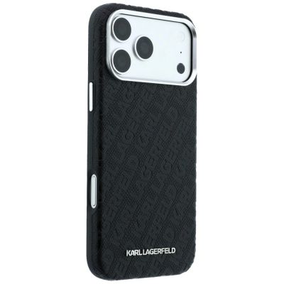 4. Karl Lagerfeld Grained Allover Logo Metal Elongated MagSafe Case for iPhone 17 Pro / 18 Pro - Black