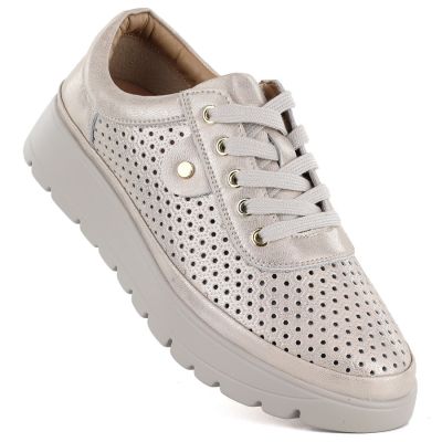 Women's leather openwork shoes, gold, Vinceza 79629