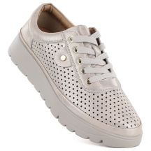 Women's leather openwork shoes, gold, Vinceza 79629