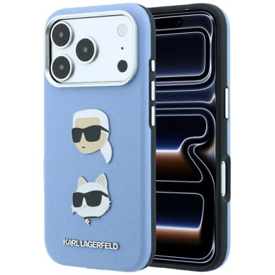 Karl Lagerfeld Saffiano with Karl & Choupette Heads Pins & Logo case for iPhone 18 Pro / 17 Pro - light blue