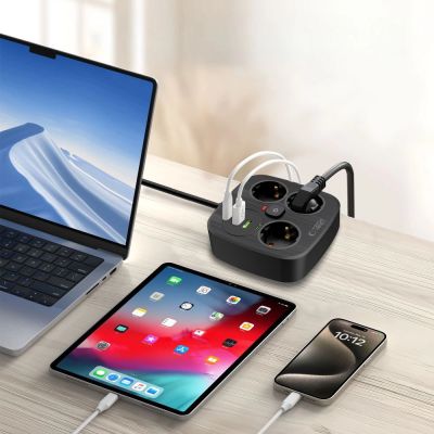 4. Tech-Protect PCS3X4 power strip, 3 sockets, 2xUSB-A, 2xUSB-C 200 cm - black
