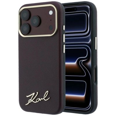 Karl Lagerfeld Saffiano Small Script Metal Logo MagSafe Case for iPhone 17 Pro Max / 18 Pro Max - Burgundy