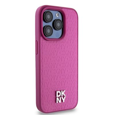 4. DKNY Leather Monogram Pattern Metal Logo MagSafe Case for iPhone 15 Pro - Pink