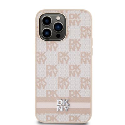 3. DKNY Leather Checkered Mono Pattern & Printed Stripes case for iPhone 14 Pro Max - pink