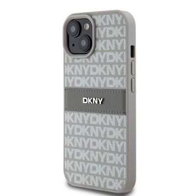 2. DKNY Leather Mono Stripe & Metal Logo case for iPhone 15 Plus / 14 Plus - beige