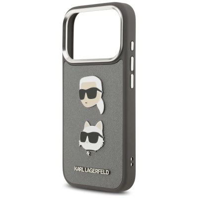 6. Karl Lagerfeld FW Grained Karl & Choupette Heads Pins & Logo iPhone 17 Pro Case - Gray