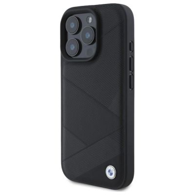 2. BMW Sign Leather Crossing Lines Pattern iPhone 16 Pro Max Case - Black