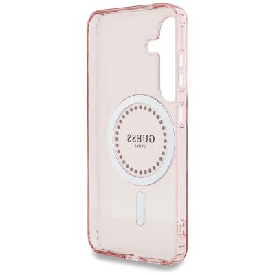 7. Guess Rhinestones Printed Classic Logo MagSafe Samsung Galaxy S25 Case Pink