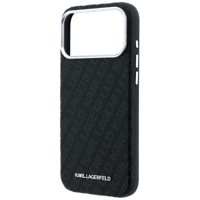 6. Karl Lagerfeld Grained Allover Logo Metal Elongated MagSafe Case for iPhone 17 Pro / 18 Pro - Black