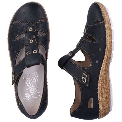 4. Women's leather openwork shoes, comfortable, with Velcro, black, Rieker 44852-14