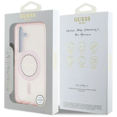 8. Guess Rhinestones Printed Classic Logo MagSafe Samsung Galaxy S25 Case Pink