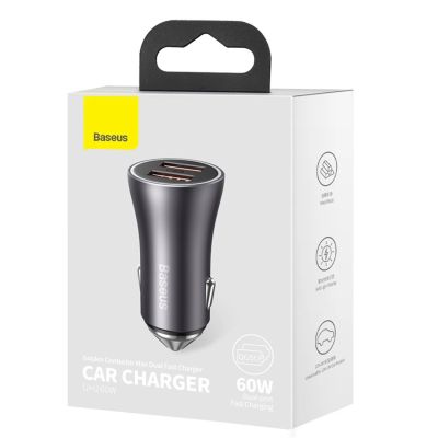 6. Baseus Golden Contactor Max 2xUSB-A 60W Car Charger - Dark Gray