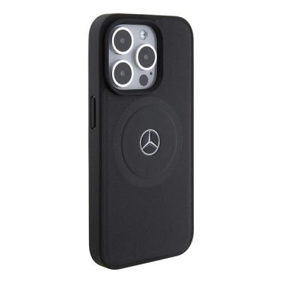 4. Mercedes Benz Crossed Lines Pattern Leather MagSafe case for iPhone 15 Pro - black