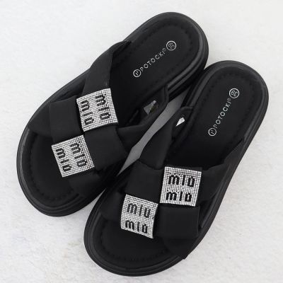 13. Women’s black platform slides with rhinestones Potocki 16347