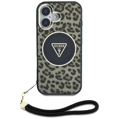 2. Guess HC IML Leopard Triangle Cord Strap MagSafe iPhone 16 Case - Brown