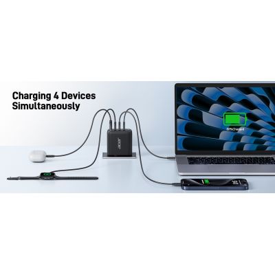 7. Acer 100W PD GaN Charger, 3 x USB C and 1 x USB A, EU Plug, 100W USB-C cable, Black, Retail Pack