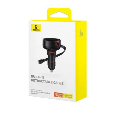 7. Baseus Enjoyment Pro 55W USB-A Car Charger with Retractable Lightning Cable - Black
