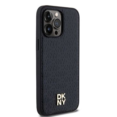 4. DKNY Leather Monogram Pattern Metal Logo MagSafe Case for iPhone 14 Pro Max - Black