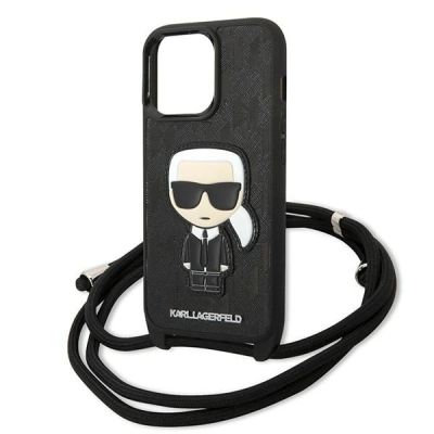 5. Karl Lagerfeld Leather Monogram Patch and Cord Iconik Case for iPhone 13 Pro / 13 - Black