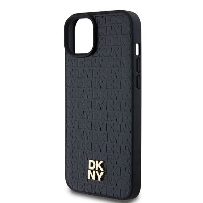 6. DKNY Leather Pattern Metal Logo MagSafe Case for iPhone 15/14/13 - Black
