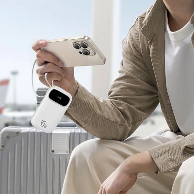 6. Baseus EnerFill FC31 20000mAh 45W Powerbank with Digital Display and 2 Built-in Cables (USB-C + Lightning) - White