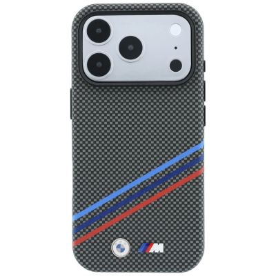 3. BMW M Quadrille Kevlar Print Tricolor Lines & Metal Logo MagSafe Case for iPhone 18 Pro / 17 Pro - Dark Gray