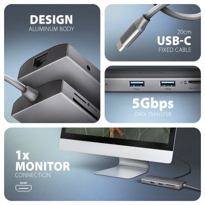 4. AXAGON HMC-8HLSA Multiport Hub USB-C 3.2 Gen 1, 3x USB-A + 4K/60Hz HDMI + SD/microSD, Gigabit LAN, Audio, PD 100W - Silver