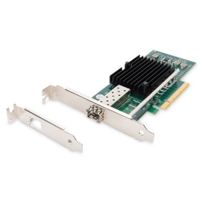 Single 10Gbps fiber optic port (SFP+) on PCI Express card, chipset: Intel JL82599EN