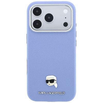 3. Karl Lagerfeld Grained Karl Head Metal MagSafe Case for iPhone 18 Pro / 17 Pro - Light Blue