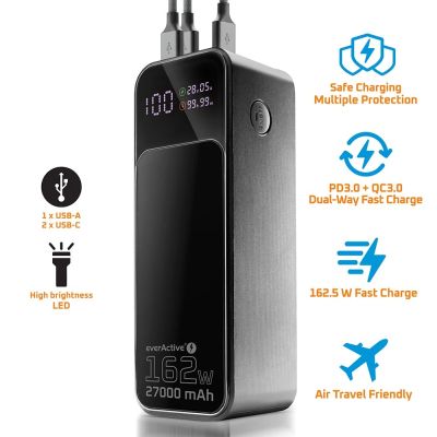11. EVERACTIVE POWER BANK 27,000 mAh, 1x USB, 2x USB-C, 162.5 W, QC4+, BUILT-IN FLASHLIGHT, LCD DISPLAY, BLACK EB-27Q