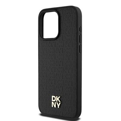 6. DKNY Leather Monogram Pattern Metal Logo MagSafe Case for iPhone 15 Pro Max - Black