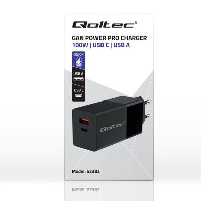 3. QOLTEC GAN POWER PRO CHARGER | 1XUSB-C | 1XUSB | 100W | 5-20V | 1.5-5A | PD | BLACK