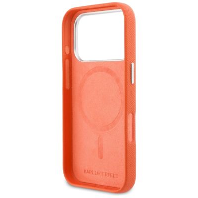7. Karl Lagerfeld Karl & Choupette Head Pins Saffiano MagSafe Case for iPhone 17 Pro - Orange