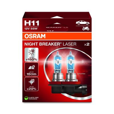 Bulb (Set of 2) H11 12V 55W PGJ 19-2 up to 150 m beam length, up to 150% more brightness, up to 20% whiter light Night Breaker Laser, white