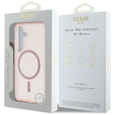 8. Guess Glitter Circle Classic Logo MagSafe Case for Samsung Galaxy S25 Pink