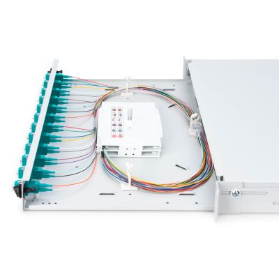9. FO patch panel with equipment 19'' 1U, 12x LC dx, OM3, pigtails, adapters, trays, sliding, gray
