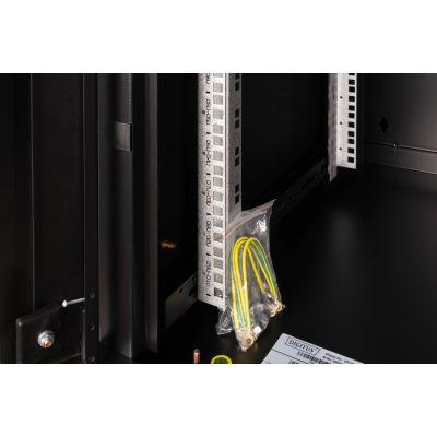 23. Digitus Unique 19" 9U rackmount network cabinet, 600x600, glass door, black, undivided, assembled, 100kg
