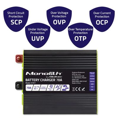 4. Qoltec Monolith 51917 intelligent professional charger for LiFePO4 AGM GEL SLA batteries | 70A | 12V | Fast charging